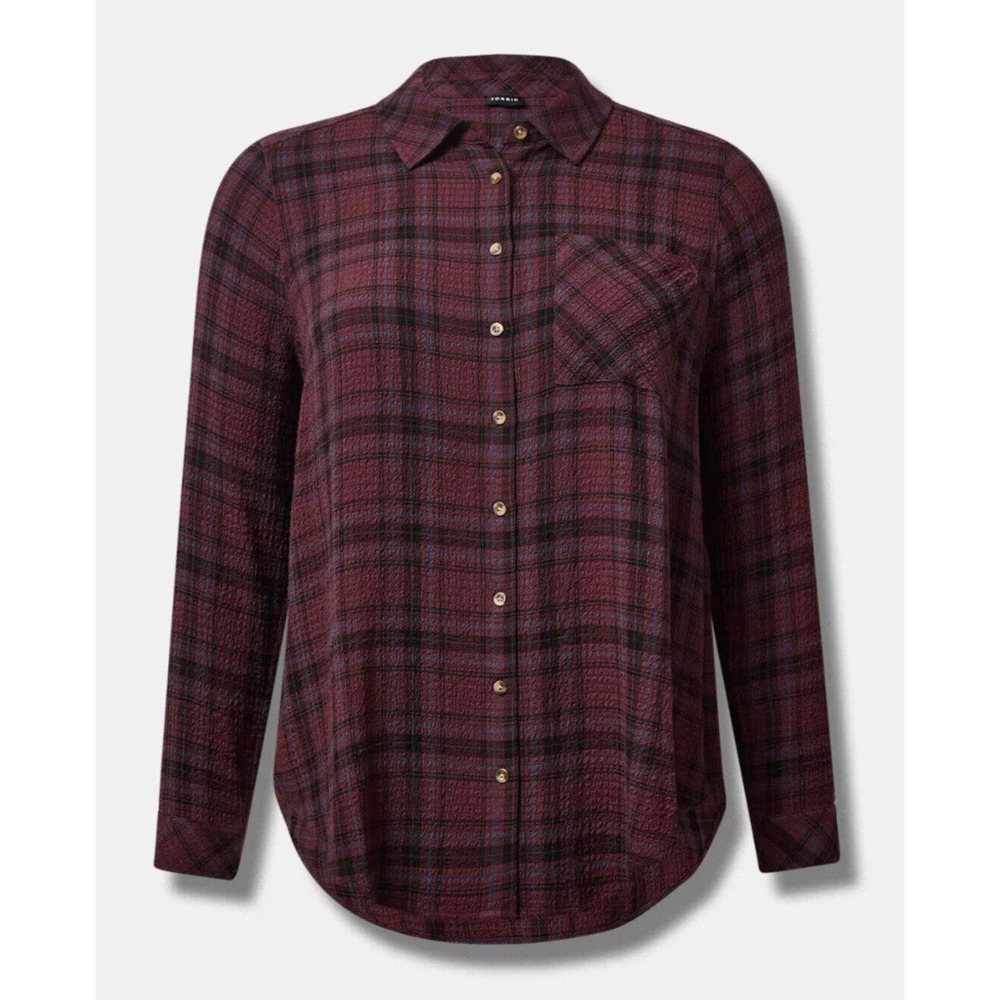 Torrid Lizzie Crinkle Flannel Gauze Button Up Tunic Red Plaid Plus Size 3 3X - Picture 8 of 10